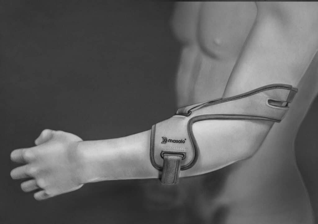 Bleistiftzeichnung dunkel Masalo Manschette MED gegen Tennisarm, Golferarm und Mausarm